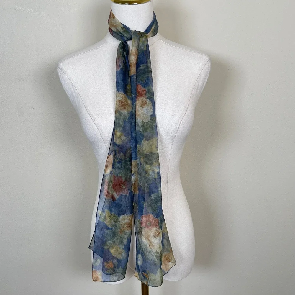 Vintage Floral Sheer Chiffon Scarf Blue‎ Multi Botanical Rose  Whimsigoth Y2K